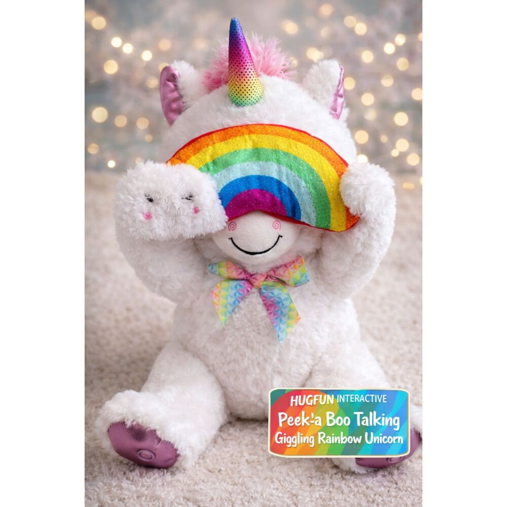 HUG FUN Peek A Boo Interactive Talking /Giggles 14" Plush Rainbow Unicorn NWT